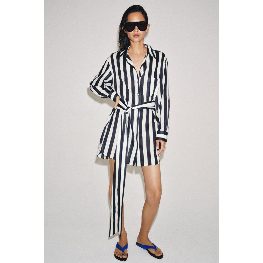 ZARA ZW Collection Belted Striped Button Shirt Size S NWT